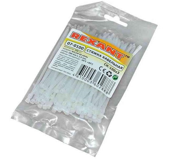 Хомут nylon 2.5х100 мм белый (07-0100) (100 шт/уп) REXANT
