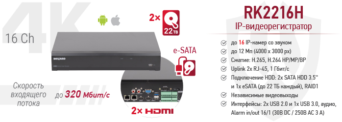  4К 16-канальный IP-видеорегистратор BEWARD RK2216H
