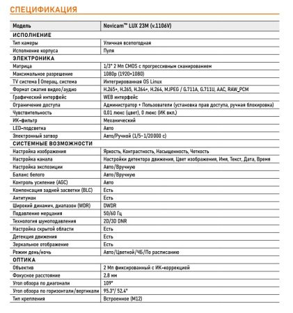 LUX 23M (ver.1106V)  уличная всепогодная IP-камера видеонаблюдения Novicam