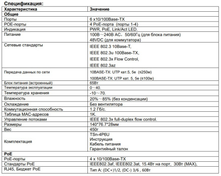 TSn-4P6U 6-ти портовый неуправляемый коммутатор Tantos