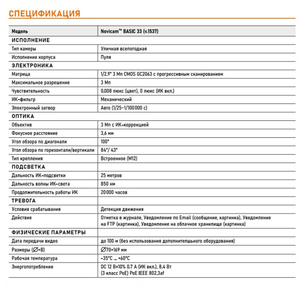 BASIC 33 (ver.1537) уличная всепогодная IP-камера видеонаблюдения Novicam