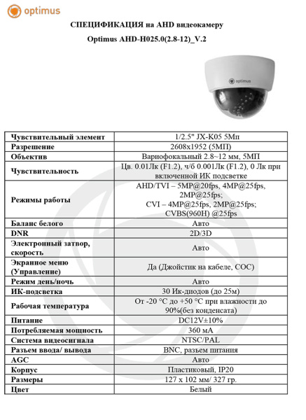 AHD-H025.0(2.8-12)_V.2 купольная внутренняя мультиформатная камера видеонаблюдения Optimus
