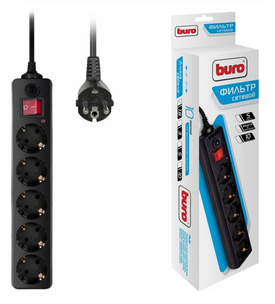Сетевой фильтр Buro 500SH-1.8-B 1.8 м (5 розеток) черный (коробка)
