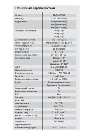 TR-D3153IR2 v2 2.7–13.5 уличная купольная всепогодная IP-камера видеонаблюдения TRASSIR