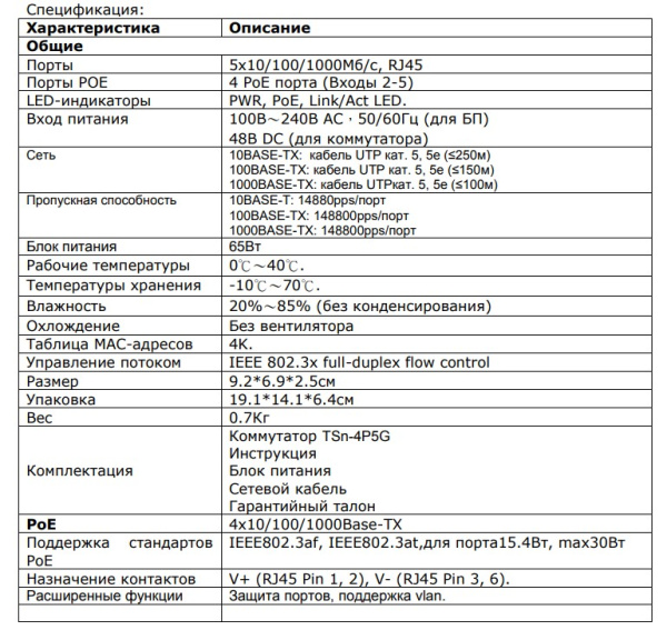 TSn-4P5G 5-портовый POE-коммутатор Tantos