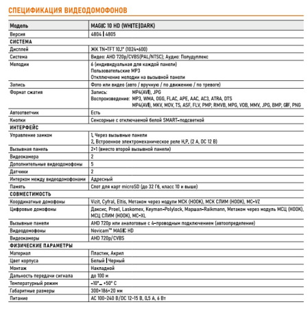 WHITE MAGIC 10 HD (ver.4804)  HD видеодомофон NOVIcam
