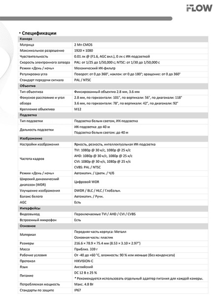 F-AC-2222M(2.8mm) (Аналог DS-T220A) 2Мп уличная цилиндрическая HD-TVI камера с гибридной подсветкой ИК/LED до 40м и встроенным микрофоном (AoC) iFlow