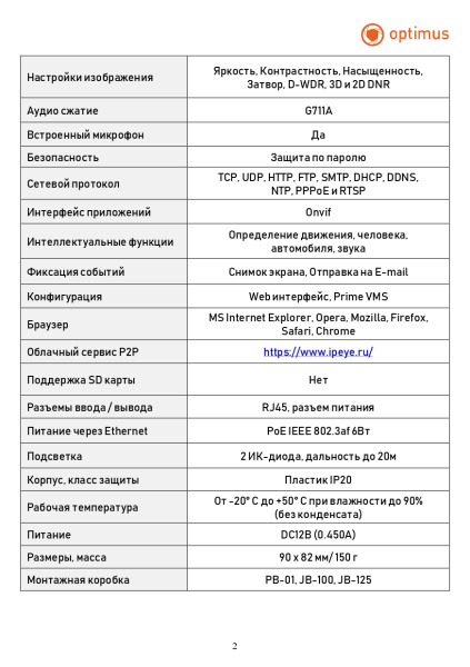 Prime ECO IP-022.1(2.8)MP купольная IP-камера видеонаблюдения с встроенным микрофоном Optimus