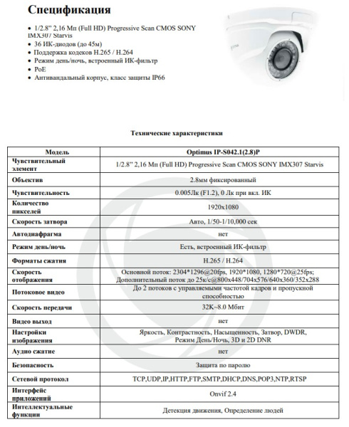 IP-S042.1(2.8)P уличная купольная всепогодная IP-камера видеонаблюдения Optimus