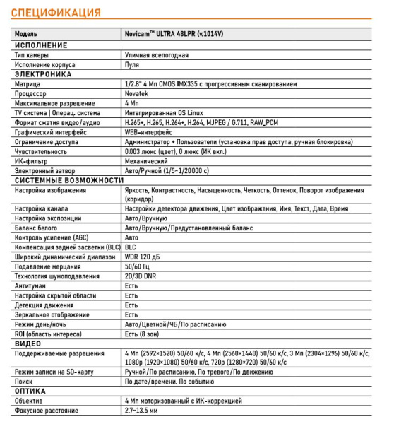 ULTRA 48LPR (ver.1014V) уличная пуля IP видеокамера 4 Мп с распознаванием автомобильных номеров NOVIcam
