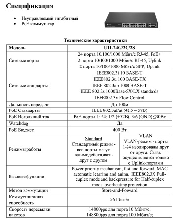 U1I-24G/2G/2S неуправляемый PoE-коммутатор Optimus 