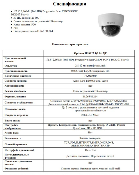 IP-S022.1(2.8-12)P купольная внутренняя IP-камера видеонаблюдения Optimus