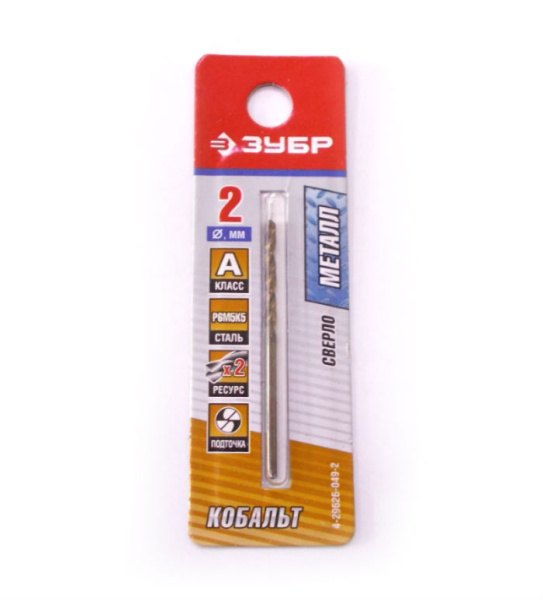 Сверло по металлу, быстрореж. сталь Р6М5К5, кл.точн. А1,  2х49 мм. ЗУБР "КОБАЛЬТ(арт.4-29626-049-2)
