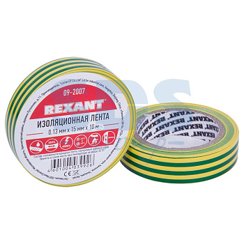 09-2007 Изолента 15мм х 10м желто-зеленая REXANT (10шт/уп)