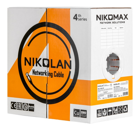 NKL 4100C-OR Кабель NIKOLAN U/UTP, 4 пары, Кат.5e, 24 AWG, внутренний, LSZH, (305 м/бухта)