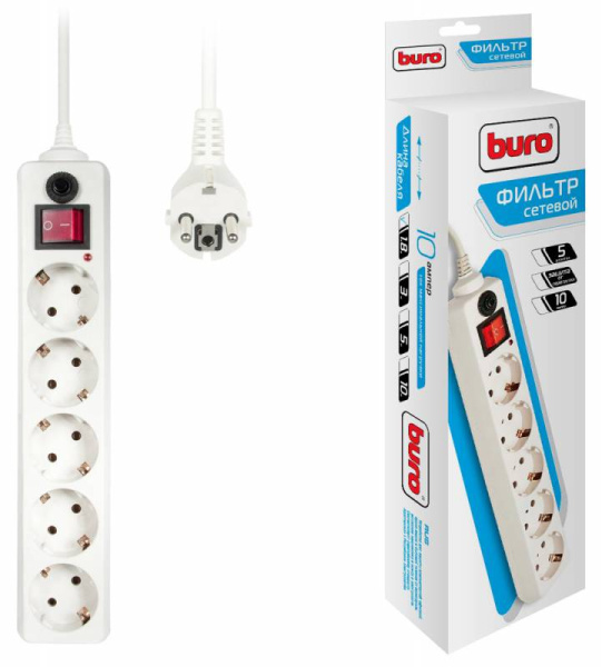 Сетевой фильтр Buro 500SH-1.8-W 1.8м, 5 розеток, цвет белый (коробка)