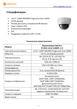 IP-E022.1(2.8-12)MPE_V.3 купольная внутренняя IP-камера видеонаблюдения с встроенным микрофоном Optimus