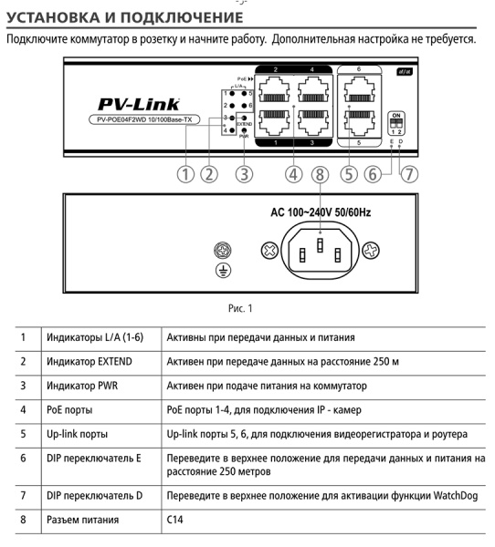 PV-POE04F2WD (ver.2122) 6 портовый коммутатор PV-Link