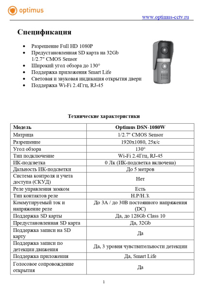 DSN-1080W вызывная панель Optimus