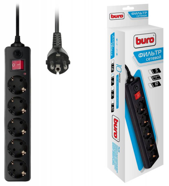 Сетевой фильтр Buro 500SH-3-B 3м (5 розеток) черный (коробка)