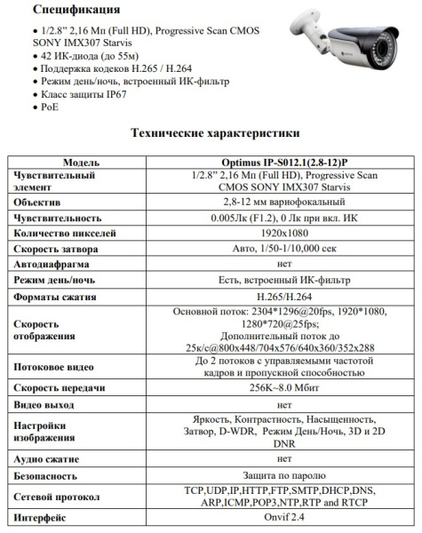 IP-S012.1(2.8-12)P уличная всепогодная IP-камера видеонаблюдения Optimus