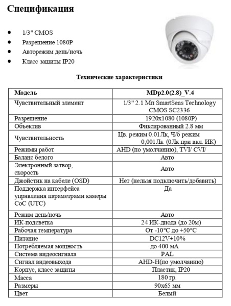EL MDp2.0(2.8)_V.4 купольная внутренняя мультиформатная камера видеонаблюдения Optimus