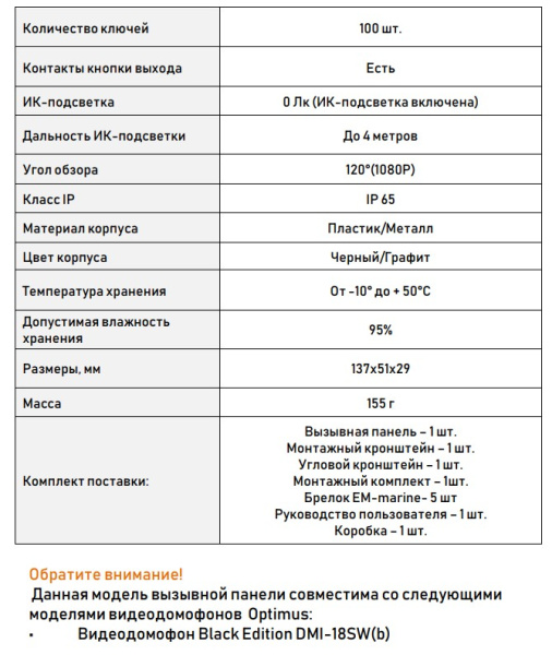 Black Edition DSI-12IR(b) вызывная панель Optimus
