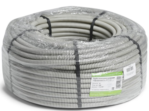 710-001 Труба гофр. тяжелая самозатух. ТГТ СЗ  ПВХ(нг) 16 мм с зондом (100 м) ПожТехКабель