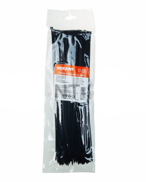 Хомут nylon 3,6х300 мм черный (07-0301) (100 шт/уп) REXANT