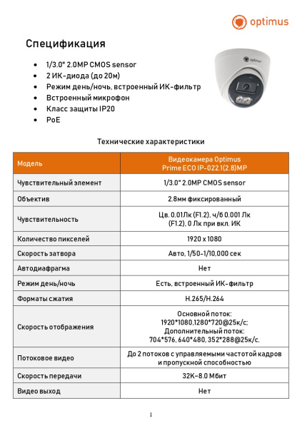 Prime ECO IP-022.1(2.8)MP купольная IP-камера видеонаблюдения с встроенным микрофоном Optimus