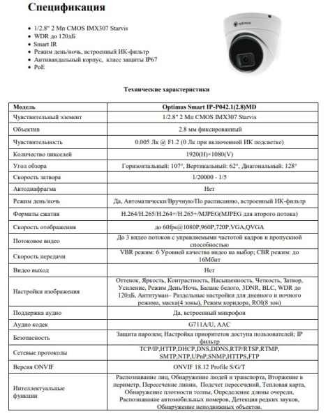 Smart IP-P042.1(2.8)MD уличная купольная всепогодная IP-камера видеонаблюдения Optimus