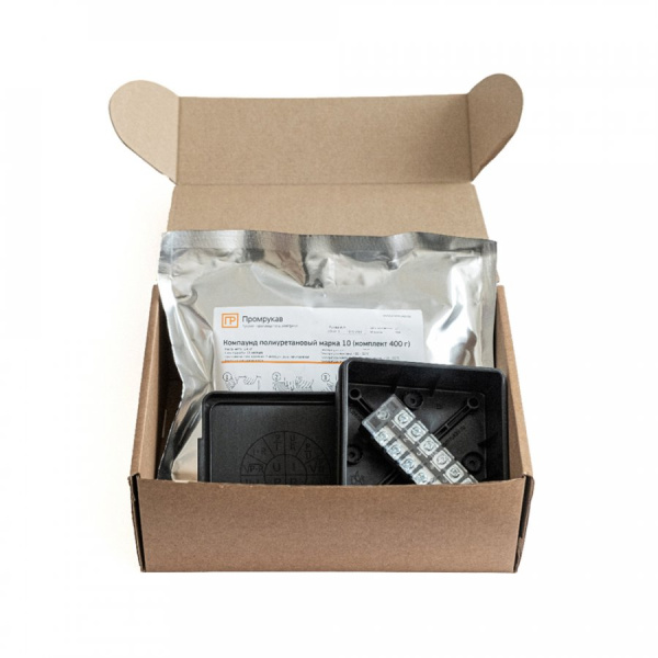 PR80.0177 коробка распределительная двухкомпонентная (HF) в комплекте с компаундом и с 6-кл. зажимами, сечение до 2,5 мм², 100х100х40 черная Промрукав